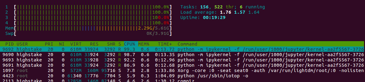 Processes show their full commands that launched them. Quite hard to read.