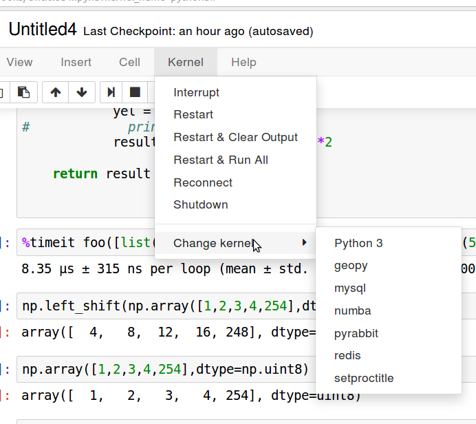 Switching kernels using Kernel -> Change kernel
