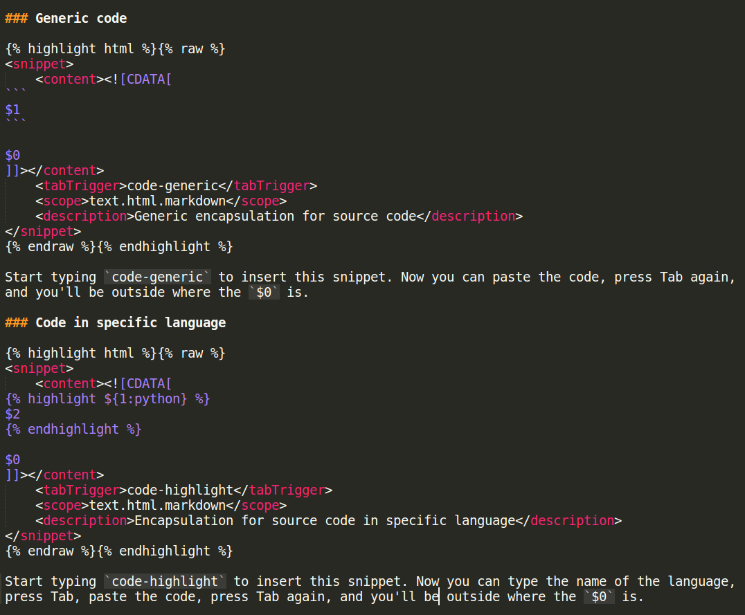 This is what the raw Markdown text for the Code Snippets section looks like This is what the raw Markdown text for the Code Snippets section looks like
