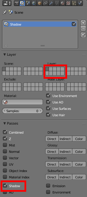 Settings for shadow render layer Settings for shadow render layer